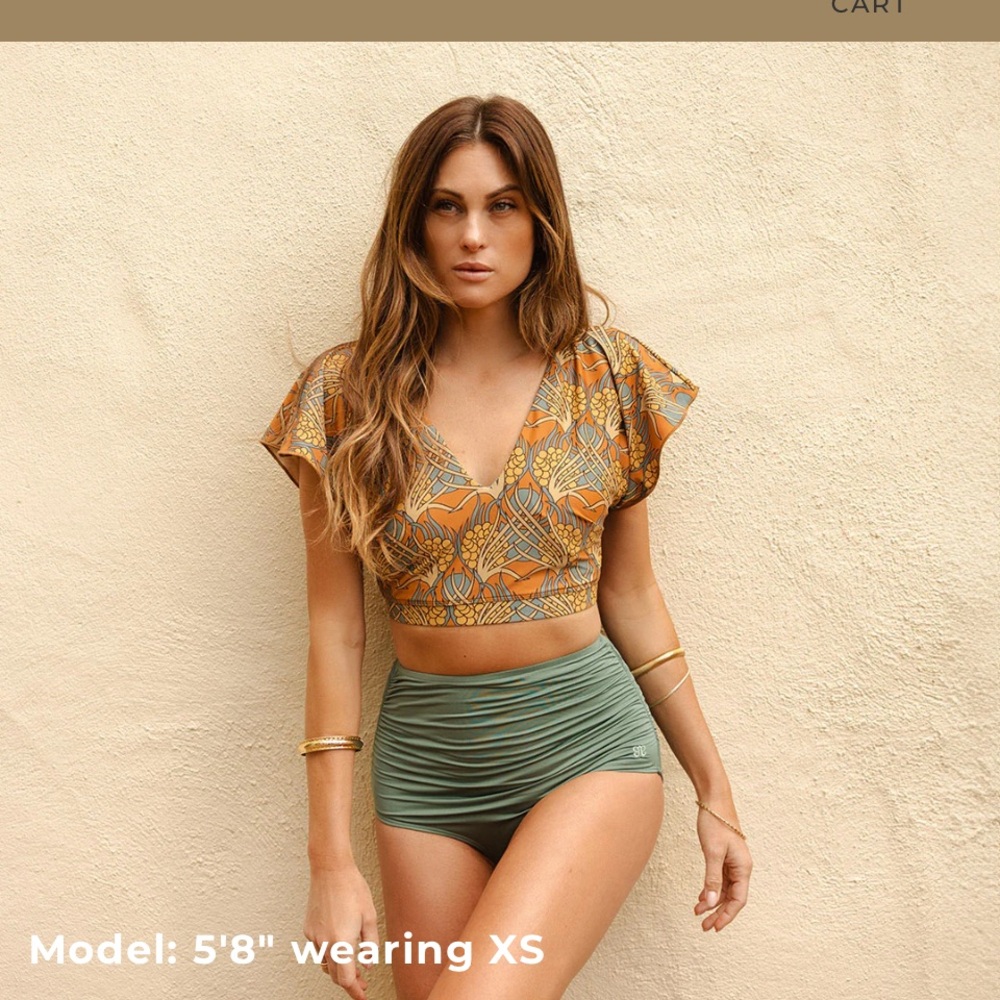 GOLDEN HOUR CAPE SWIM CROP TOP + SEA SALT RUCHED HIGH-WAISTED BOTTOMS